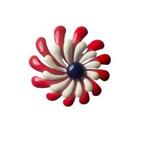 Vintage Flower Power Brooch Red White Blue Patriotic 3”